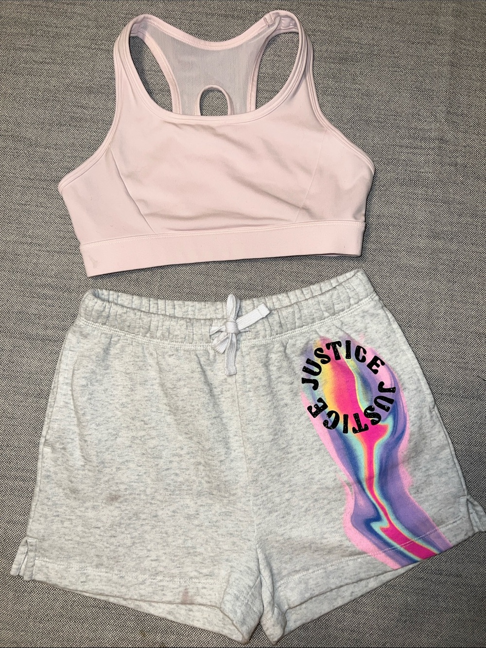 Justice Light Pink Sports Bra with Gray Shorts and Rainbow Logo